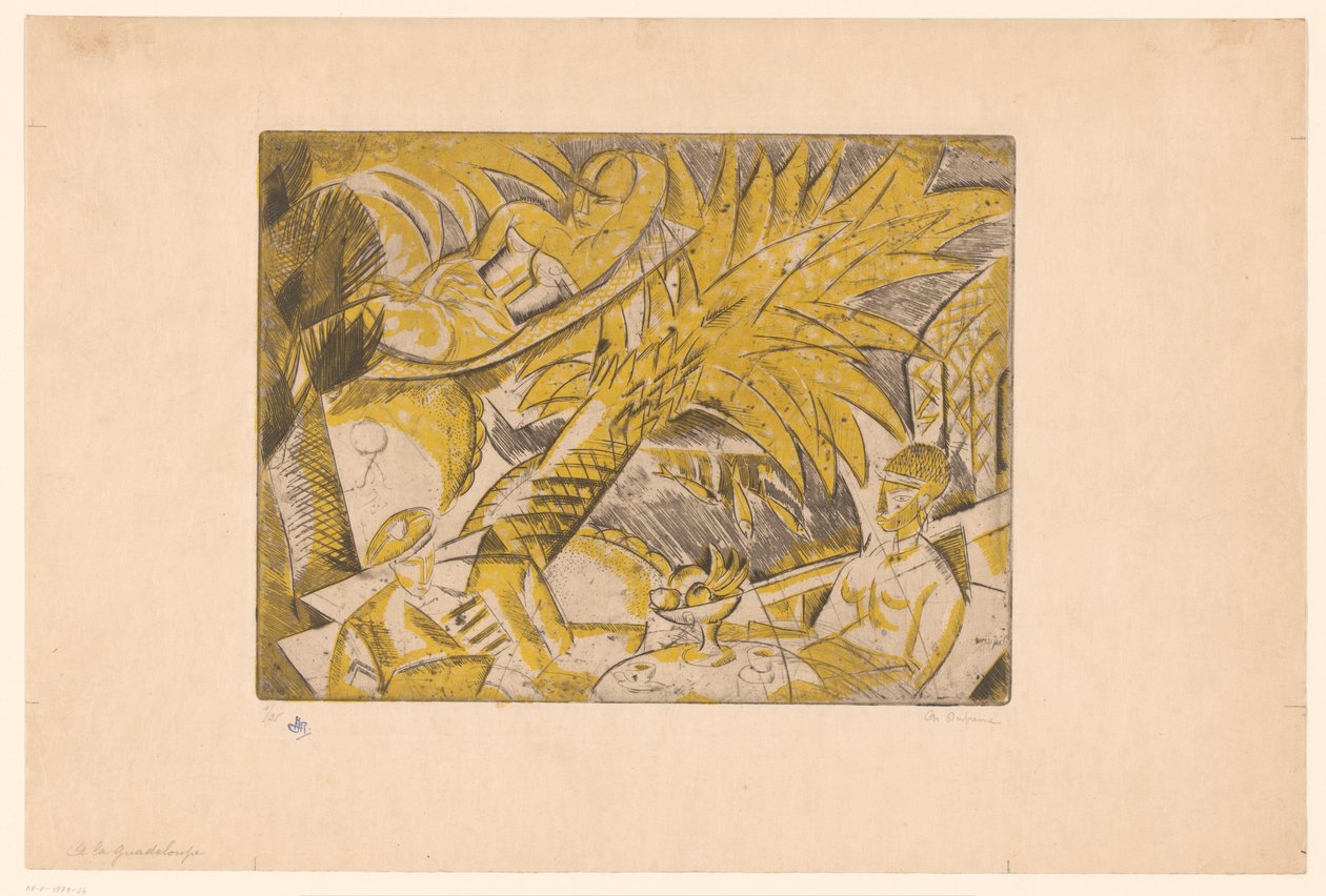 Opalující se postavy pod palmou A la Guadeloupe (název na objektu) od Charles Dufresne (signed by artist)