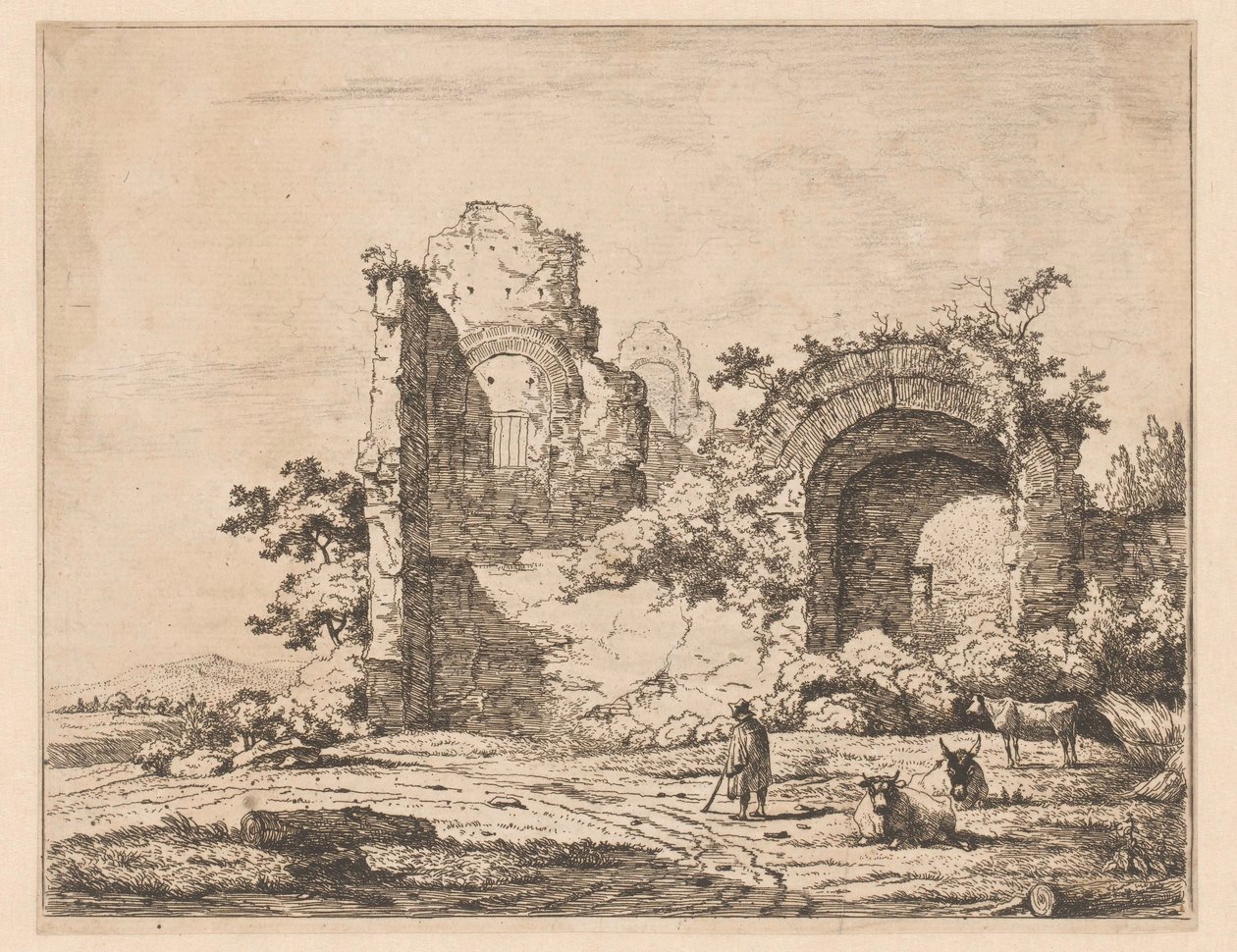Krajina s ruinami a pastýřem Tisky s ruinami v krajině (název série) Cahier de ruines et de paysages (název série) od Charles Echard (attributed to)