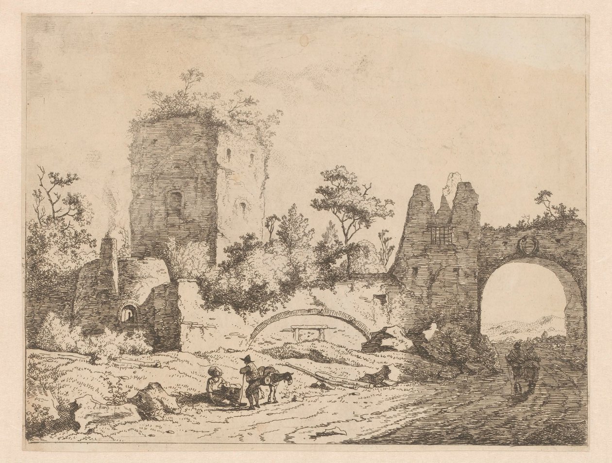 Krajina s ruinami věže a brány Tisky s ruinami v krajině (název série) Cahier de ruines et de paysages (název série) od Charles Echard (attributed to)