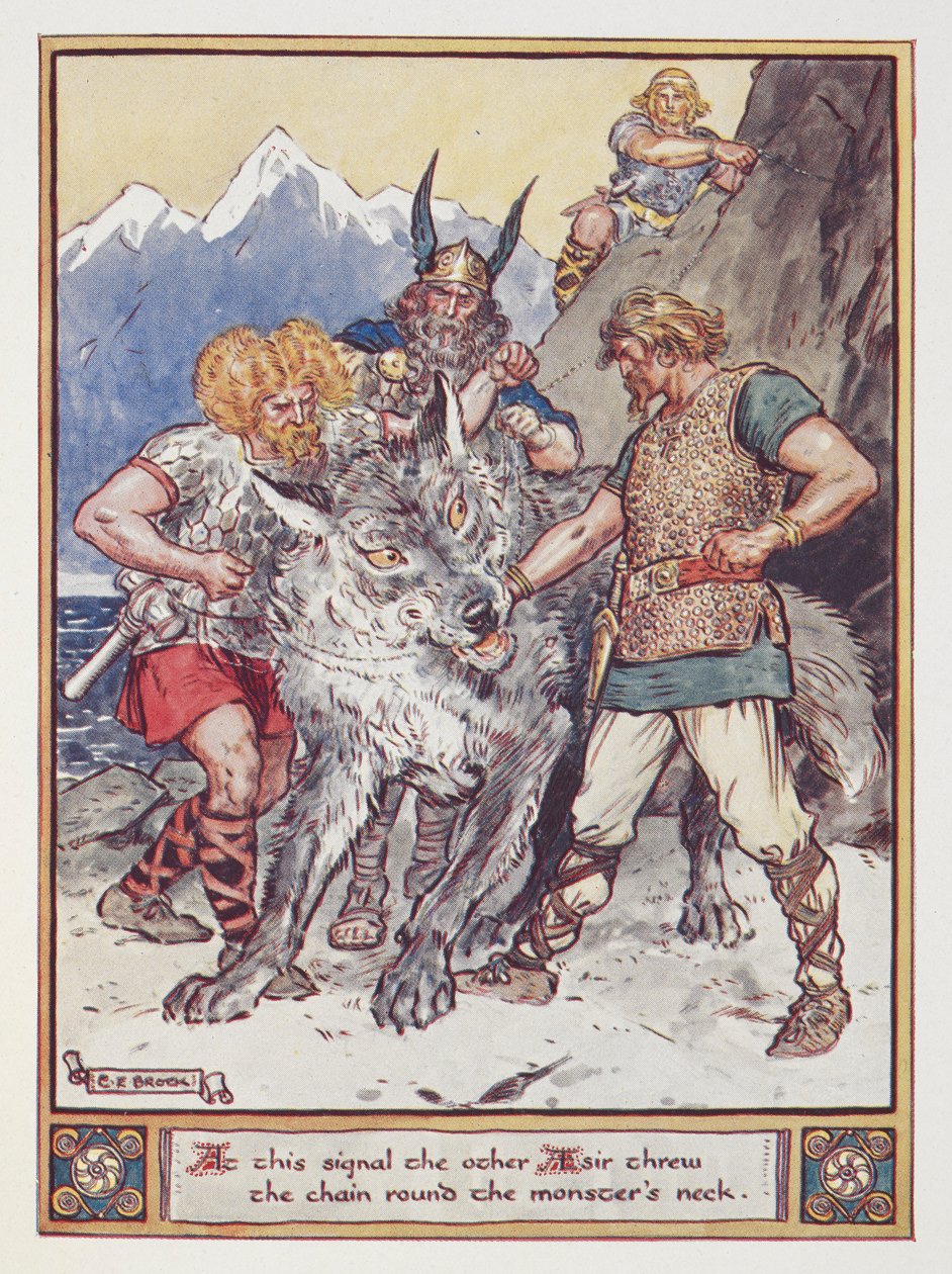 "Na tento signál hodil druhý Esir řetěz netvorovi kolem krku." Tyr slibuje, že připoutá vlka Fenrira, ilustrace z 