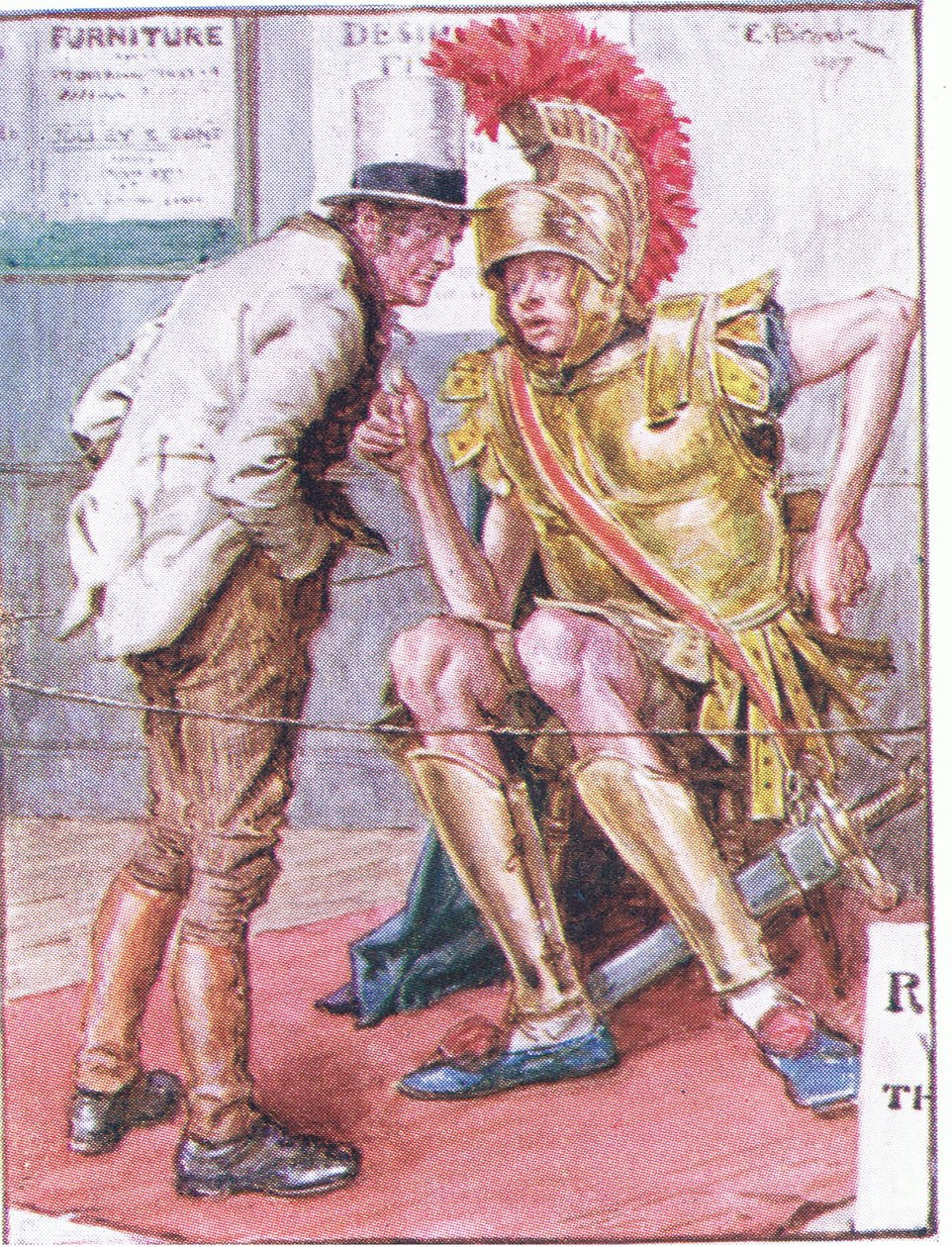 Doktore Marigolde, kdo je ten podivný mladý muž, který visí na vašich vozících?, ilustrace z předpisu Dr. Marigolda, 1910 od Charles Edmund Brock