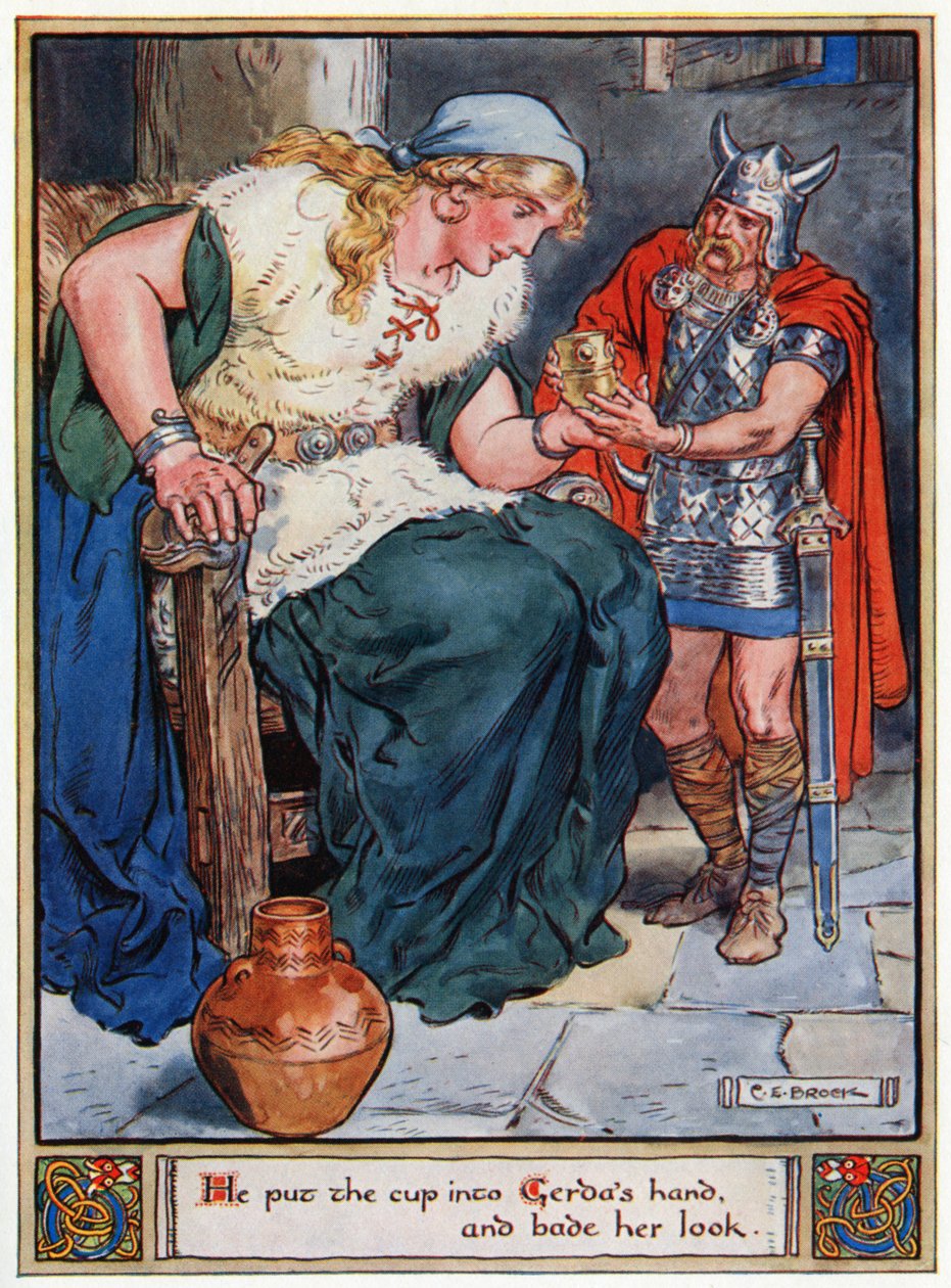 „Vložil pohár do ruky Gerdy a vyzval ji, aby se podívala“, ilustrace z „Hrdinové z Asgardu, příběhy ze skandinávské mytologie“, od A und E Keary, 1930 od Charles Edmund Brock