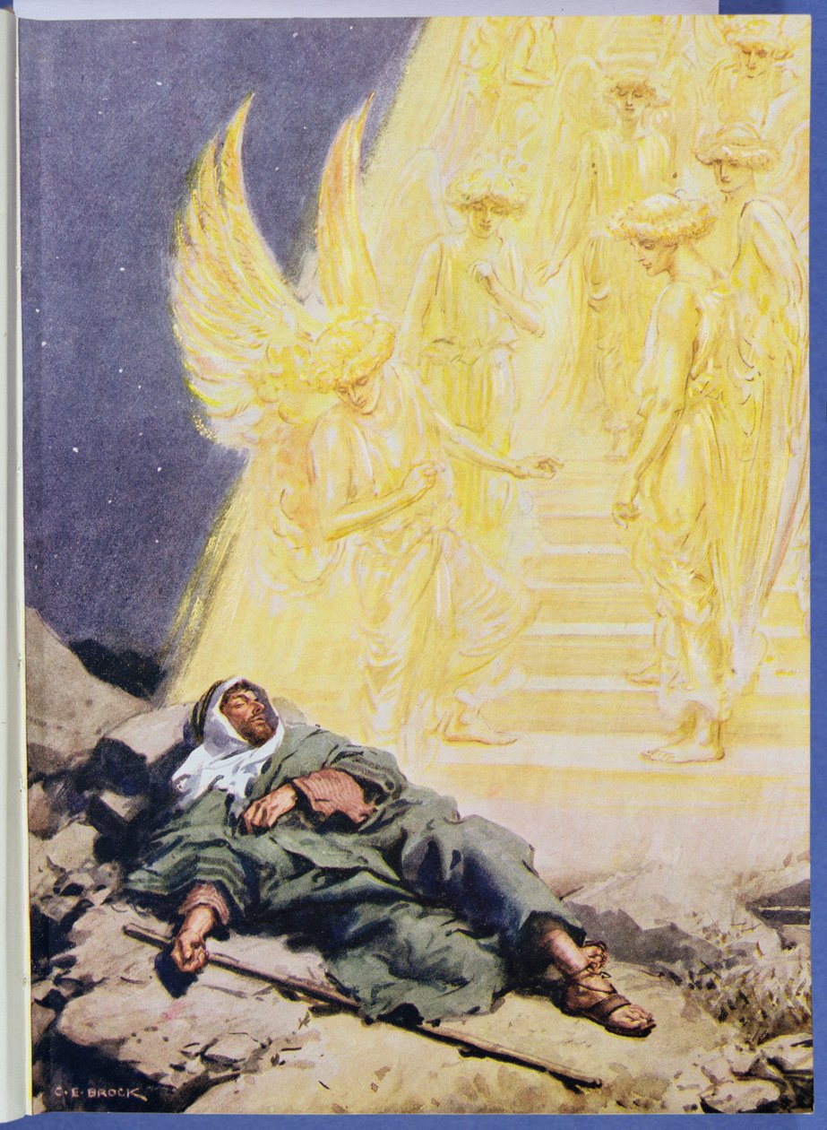 „Vidí točité schodiště, sahající ze Země do nebe, zářící slávou“, ilustrace z „Through the Bible“, Virtue Publishing, 1928 od Charles Edmund Brock