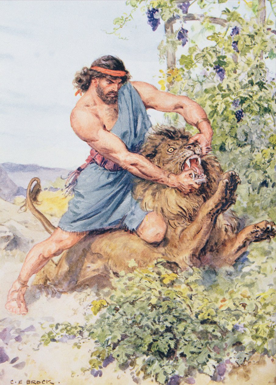 „Uchopil lva a roztrhal ho na kusy“, ilustrace z „Through the Bible“, Venture Publishing, 1928 od Charles Edmund Brock