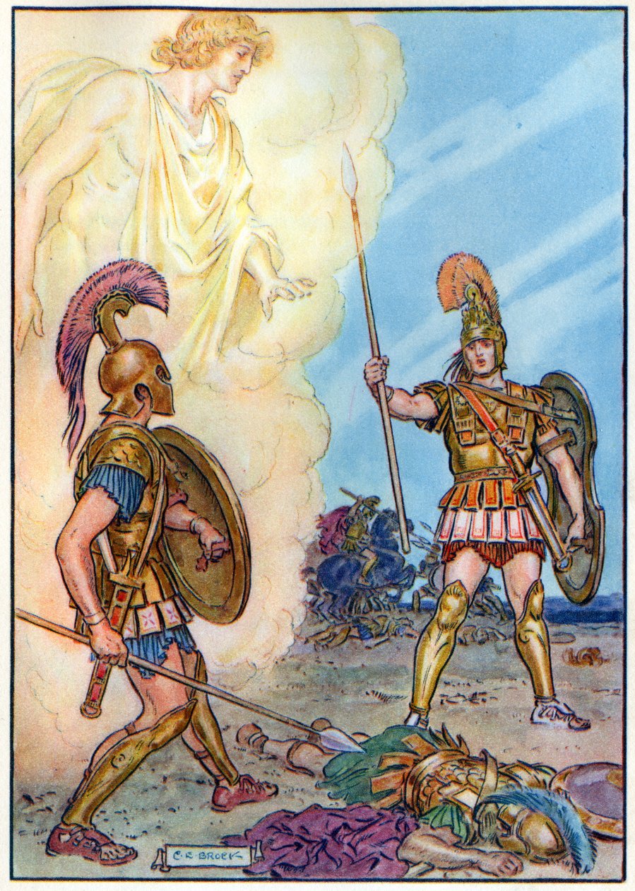 Hector zachráněný Apollem, z „Hodiny dětem: Příběhy z klasiky“, vydané společností Waverley Book Company od Charles Edmund Brock