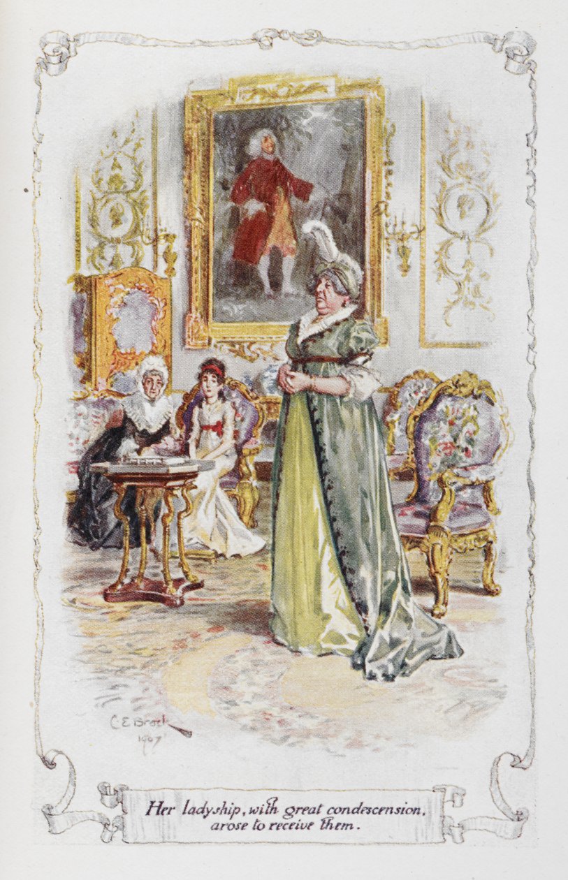 Její paní je s velkou blahosklonností přijala, ilustrace z „Pýchy a předsudku“ od Jane Austenové (barevné lito) od Charles Edmund Brock