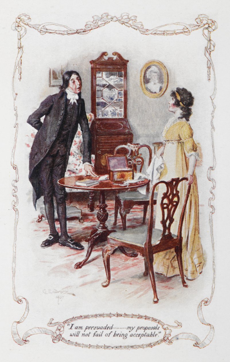 "Byl jsem přesvědčen,,, moje návrhy nezklamou, že jsou přijatelné", pan Collins a Elizabeth Bennet, ilustrace k "Pýchě a předsudku" od Jane Austenové od Charles Edmund Brock