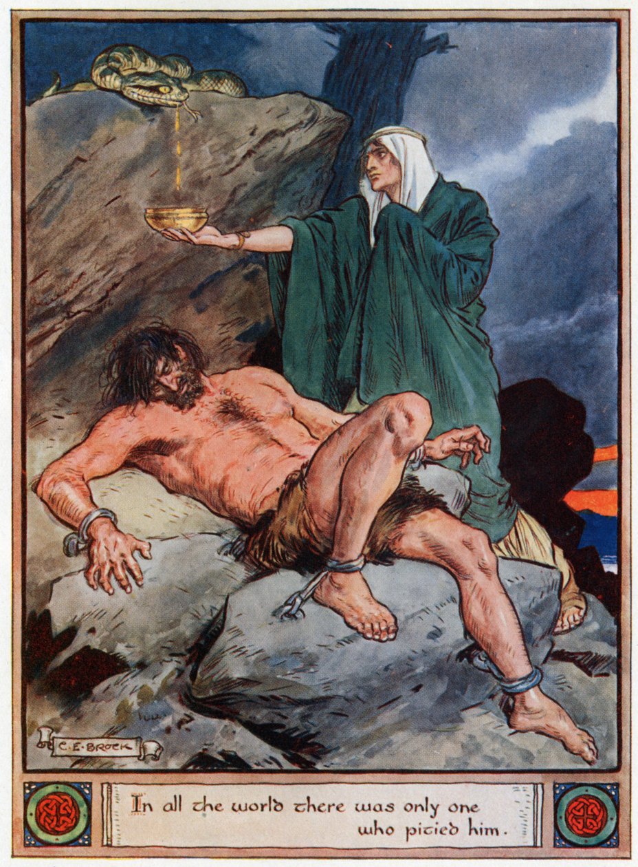 „Na celém světě byl jen jeden, kdo ho litoval“, ilustrace z „Hrdinové z Asgardu, příběhy ze skandinávské mytologie“, od A und E Keary, 1930 od Charles Edmund Brock