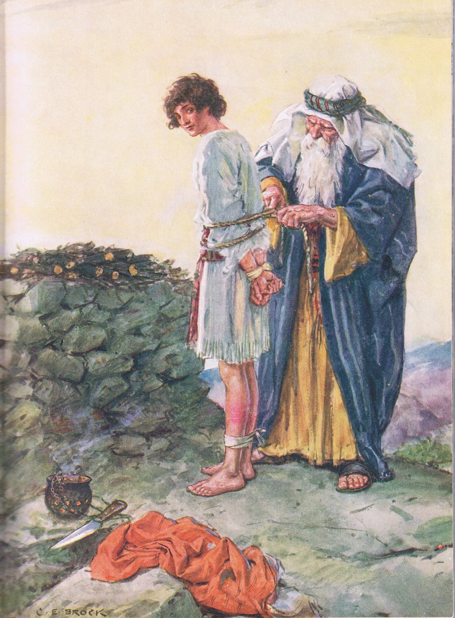 Má Isaac zemřít? ilustrace z knihy Through the Bible, Virtue Publishing, 1928 od Charles Edmund Brock