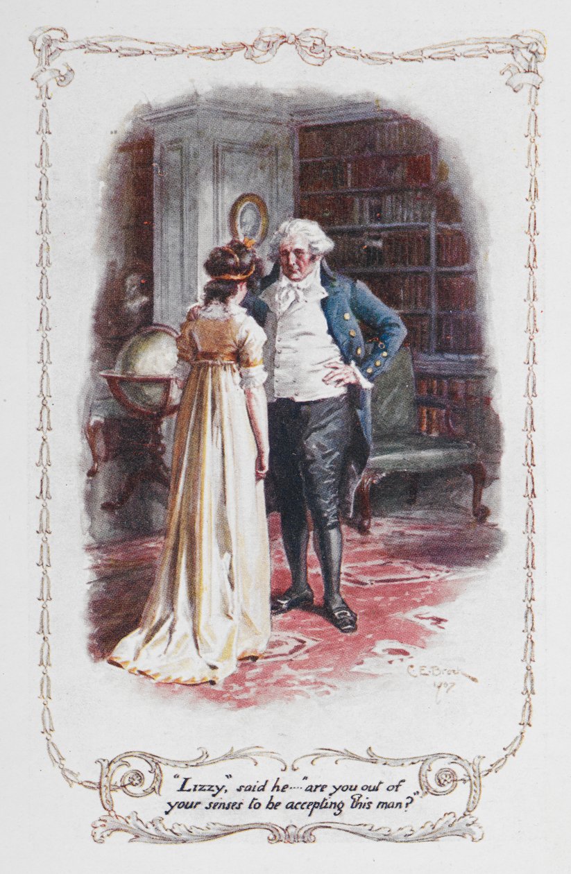 "Lizzy," řekl, "jsi při smyslech, že přijímáš tohoto muže?", Elizabeth Bennetová a její otec, ilustrace k "Pýcha a předsudek" od Jane Austenové od Charles Edmund Brock