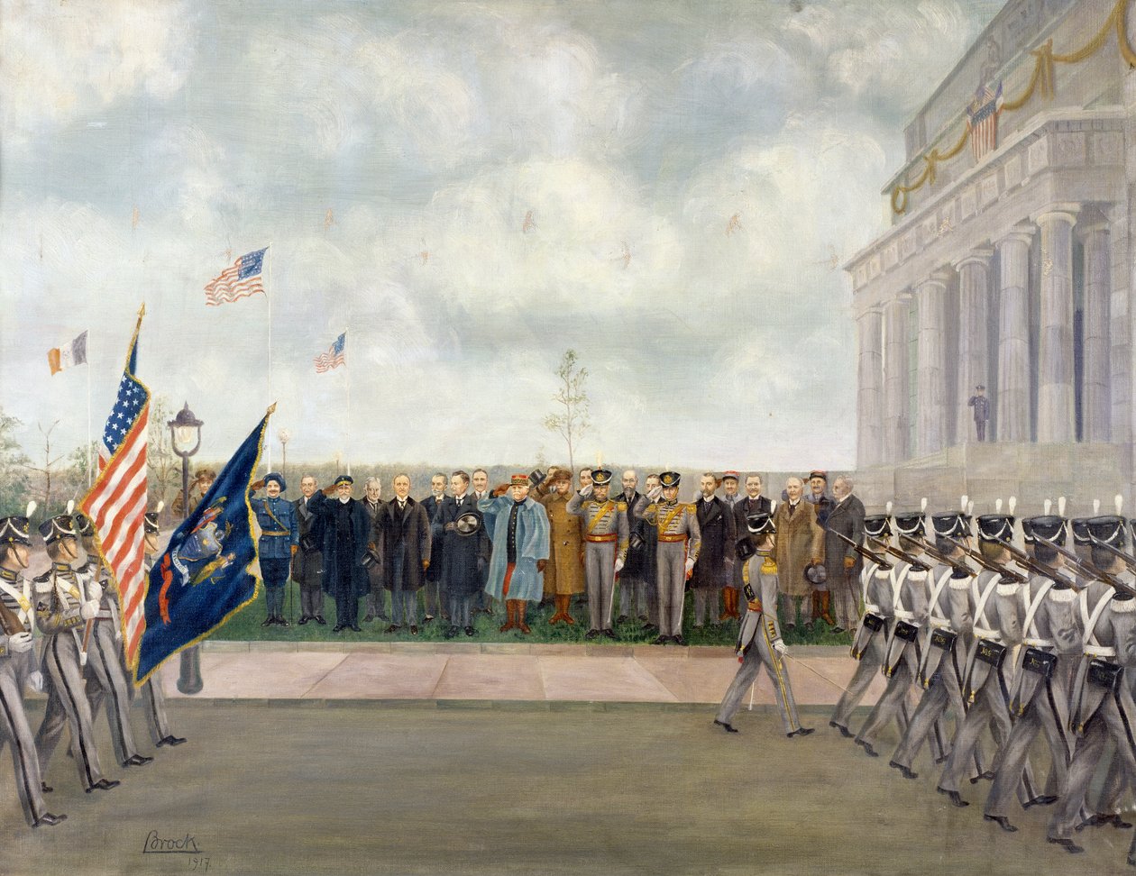 Maršál Joffre na misi do Washingtonu při kontrole studentů West Point, jaro 1917, Charles Edmund Brock (1870-1938), první světová válka, Spojené státy americké, 20. století od Charles Edmund Brock