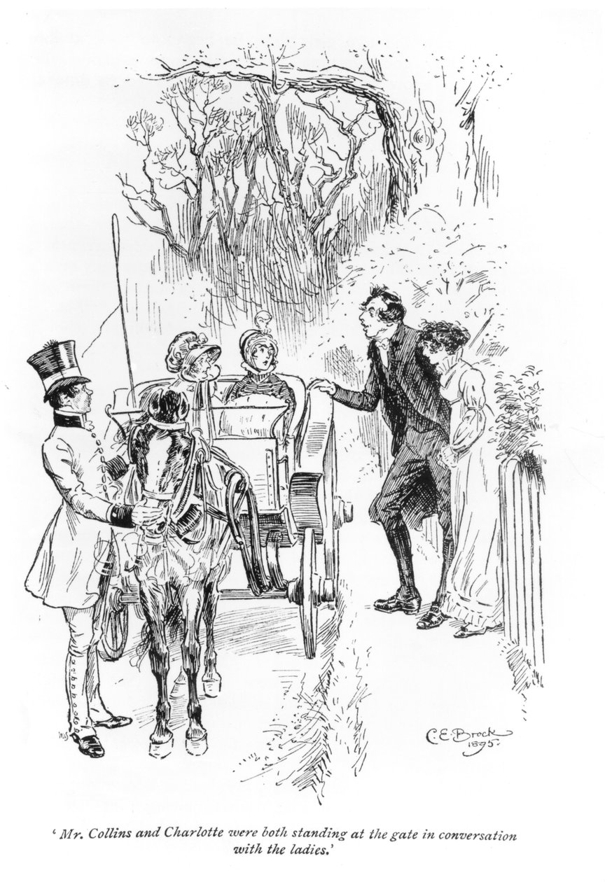 "Pan Collins a Charlotte stáli u brány a rozmlouvali s dámami", ilustrace z knihy Jane Austenové "Pýcha a předsudek", 1895. od Charles Edmund Brock
