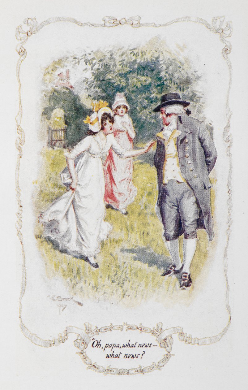 "Ach tati, jaké novinky - jaké novinky?", ilustrace k "Pýcha a předsudek" od Jane Austenové od Charles Edmund Brock