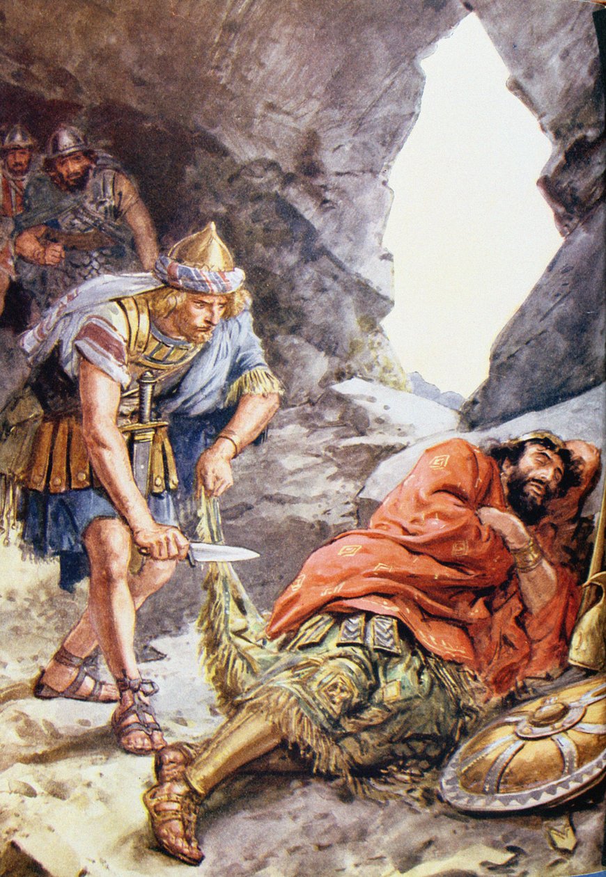 „Jakmile zachránil Saulovi život, když ho našel spícího v jeskyni“ ilustrace z „Through the Bible“ Vintage Publishing, 1928 od Charles Edmund Brock
