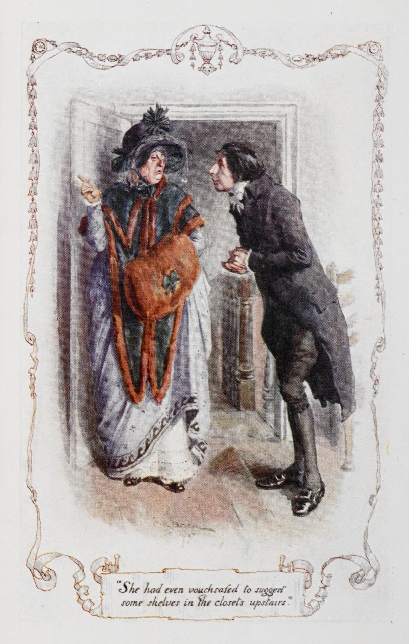 Dokonce se zaručila, že navrhne nějaké police ve skříních nahoře, William Collins, ilustrace k filmu Pýcha a předsudek od Jane Austenové. od Charles Edmund Brock
