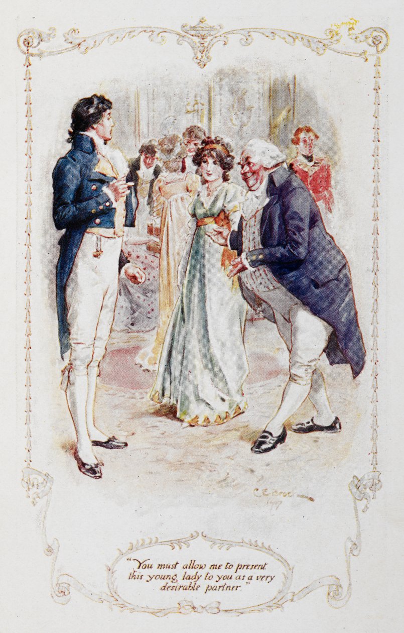 Sir William Lucas: „Pane Darcy, musíte mi dovolit, abych vám tuto mladou dámu představil jako velmi žádoucí partnerku (Elizabeth Bennet), ilustrace k „Pýcha a předsudek“ od Jane Austenové od Charles Edmund Brock