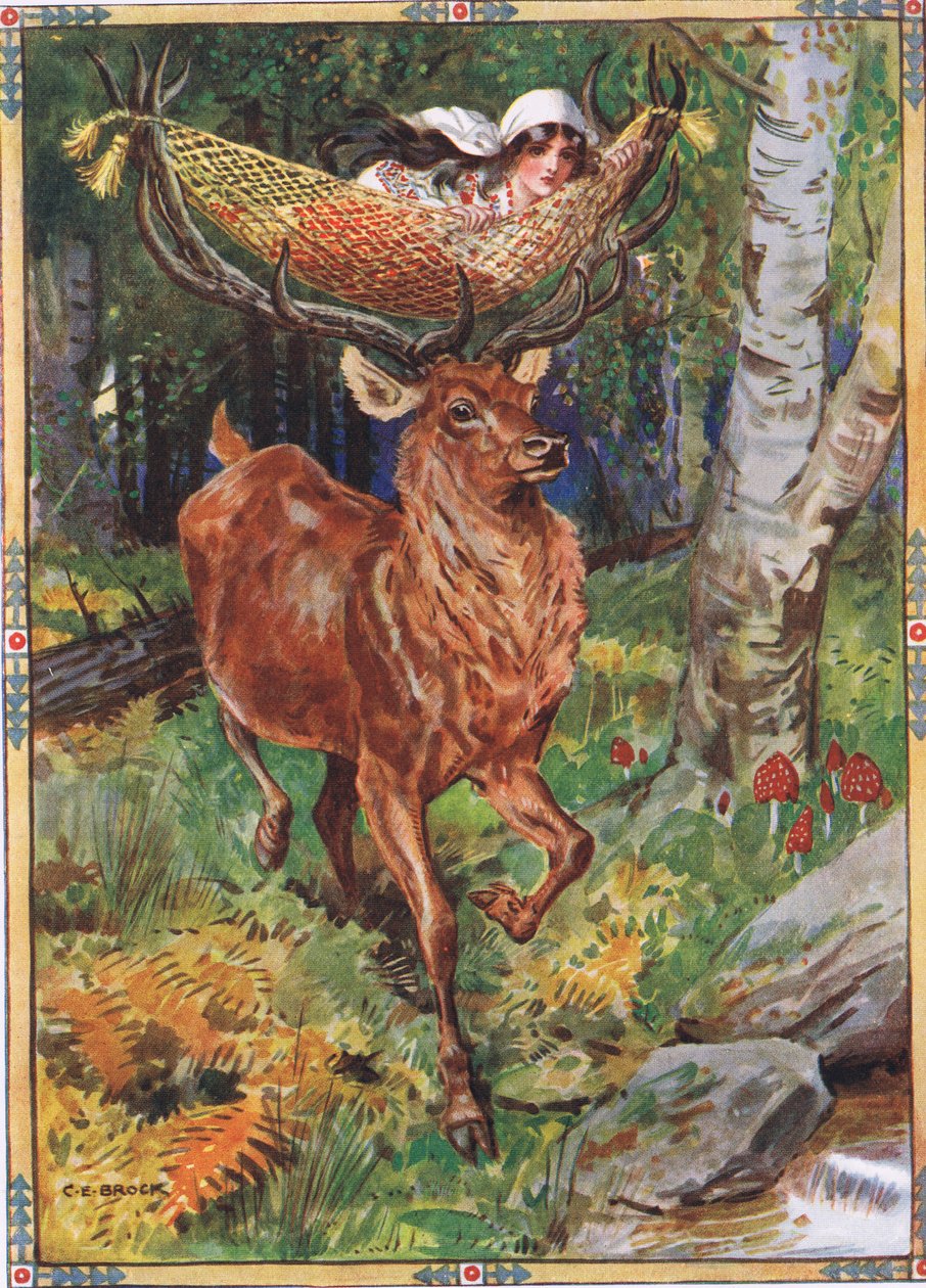 Jelen s hedvábnou houpací sítí z Dětských příběhů z Rumunských legend od Mosese Gastera (1856-1939) 1921 od Charles Edmund Brock