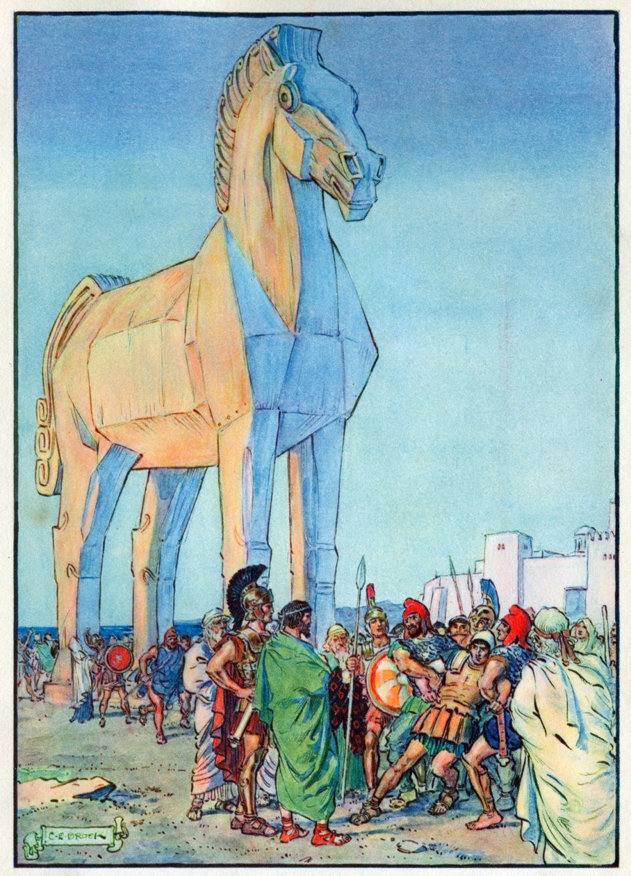 Trojský kůň z „Hodiny dětem: Příběhy z klasiky“, vydané společností Waverley Book Company od Charles Edmund Brock