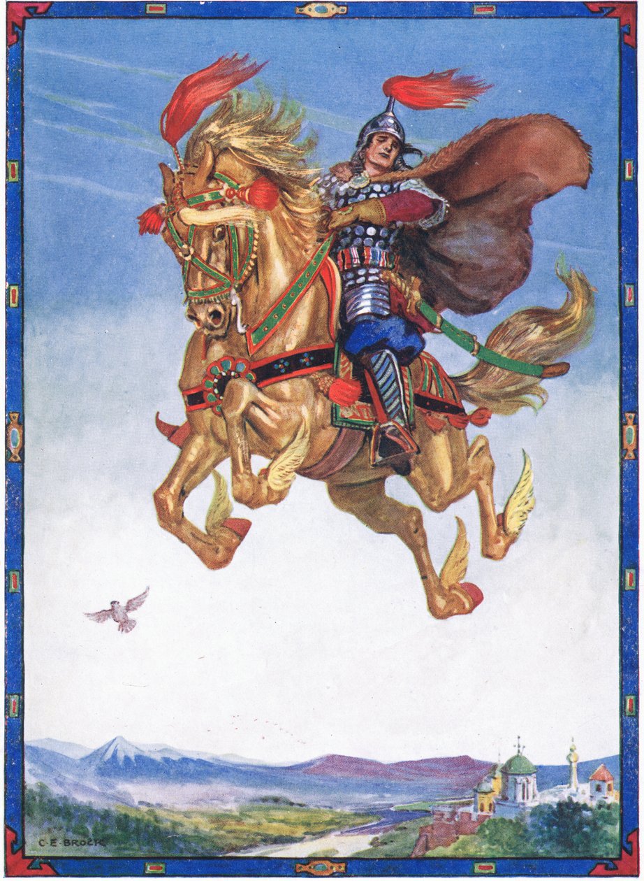 Kůň letěl vzduchem, scéna z Rytíře květin v dětských příbězích z Rumunských legend od Mosese Gastera (1856-1939) 1921 od Charles Edmund Brock