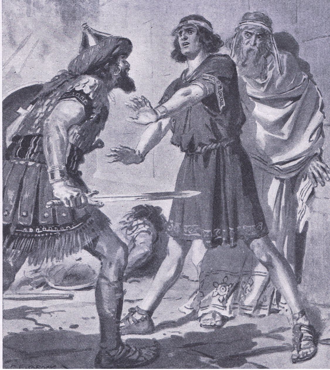 Coesusův život zachráněný jeho smrtí a němým synem, z My Magazine, pub. 1922 (litho) od Charles Edmund Brock