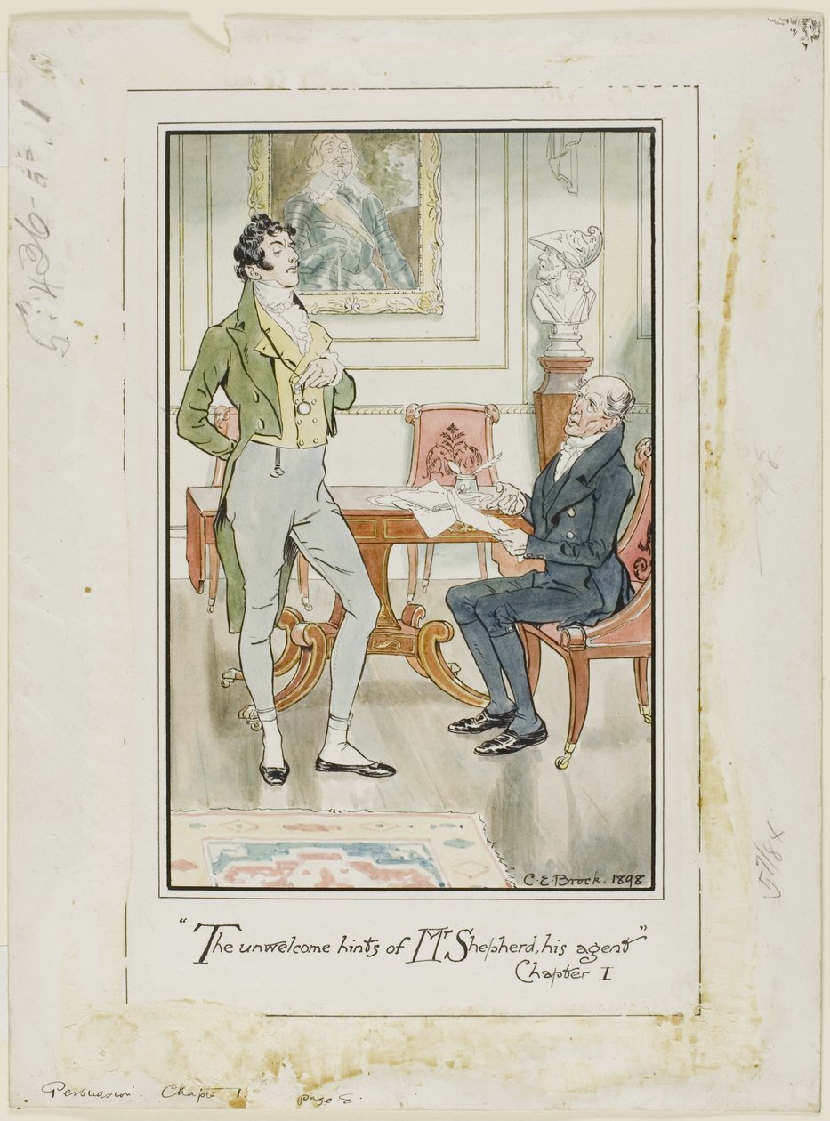 "Nevítané narážky pana Shepherda, jeho agenta," kapitola I" frontispis k románu Jane Austenové Persuasion od Charles Edmund Brock