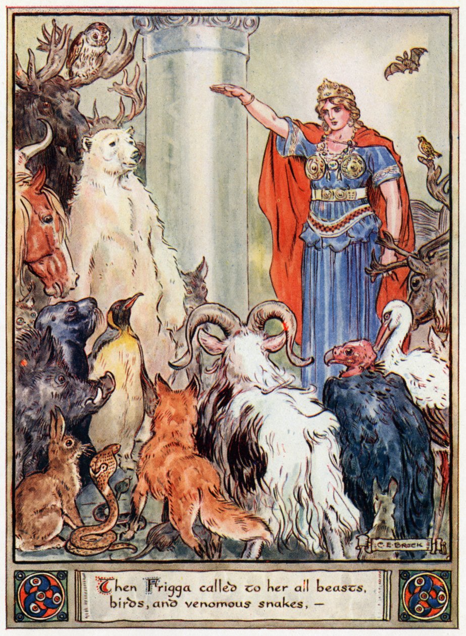 „Pak k sobě Frigga zavolala všechna zvířata, ptáky a jedovaté hady“, ilustrace z „Hrdinové z Asgardu, příběhy ze skandinávské mytologie“, od A und E Keary, 1930 od Charles Edmund Brock
