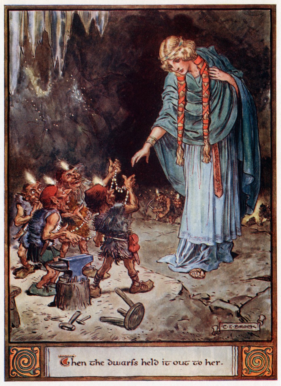 „Pak jí to trpaslíci podali“, ilustrace z „Hrdinové z Asgardu, příběhy ze skandinávské mytologie“, od A und E Keary, 1930 od Charles Edmund Brock