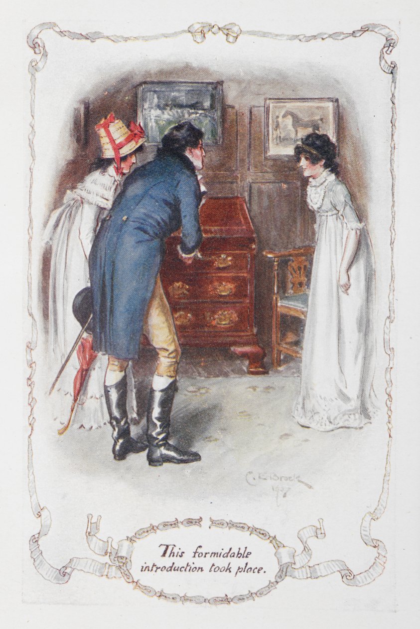 Tento impozantní úvod se odehrál“ Georgina Darcy a její bratr Fitzwilliam Darcy s Elizabeth Bennet, ilustrace k „Pýchě a předsudku“ od Jane Austenové od Charles Edmund Brock
