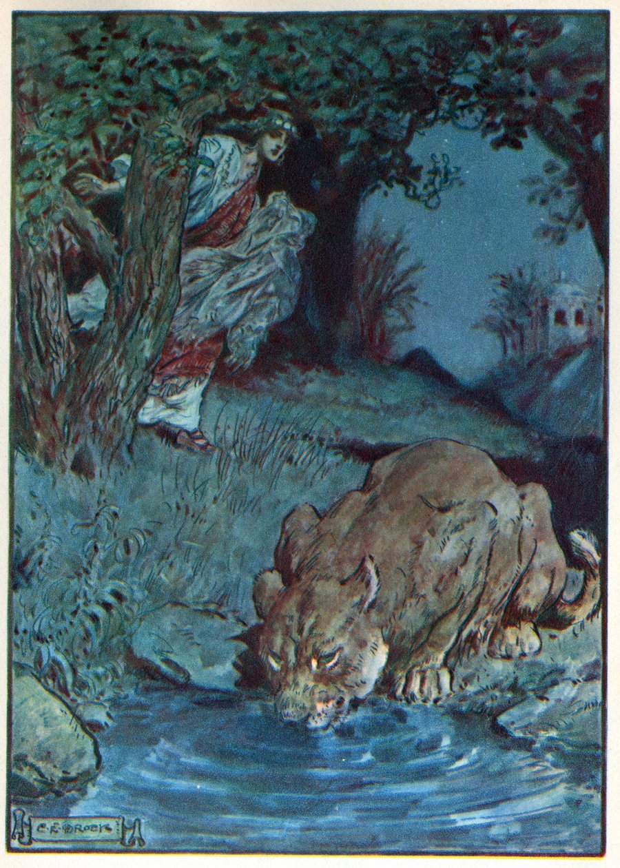Thisbe a lvice, z „Hodina dětem: Příběhy z klasiky“, vydané společností Waverley Book Company od Charles Edmund Brock