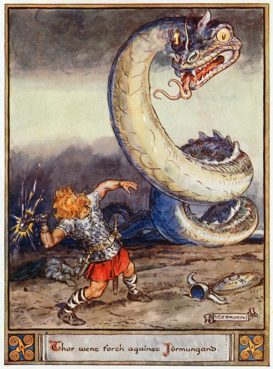 „Thor vyrazil proti Jormungandovi“, ilustrace z „Hrdinové z Asgardu, příběhy ze skandinávské mytologie“, od A und E Keary, 1930 od Charles Edmund Brock