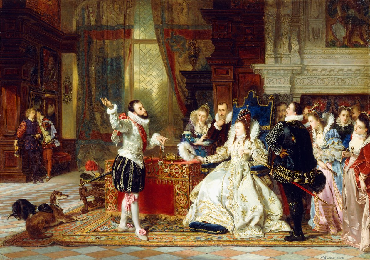 Sir Walter Raleigh a královna Alžběta, 1875 od Charles Edouard Boutibonne