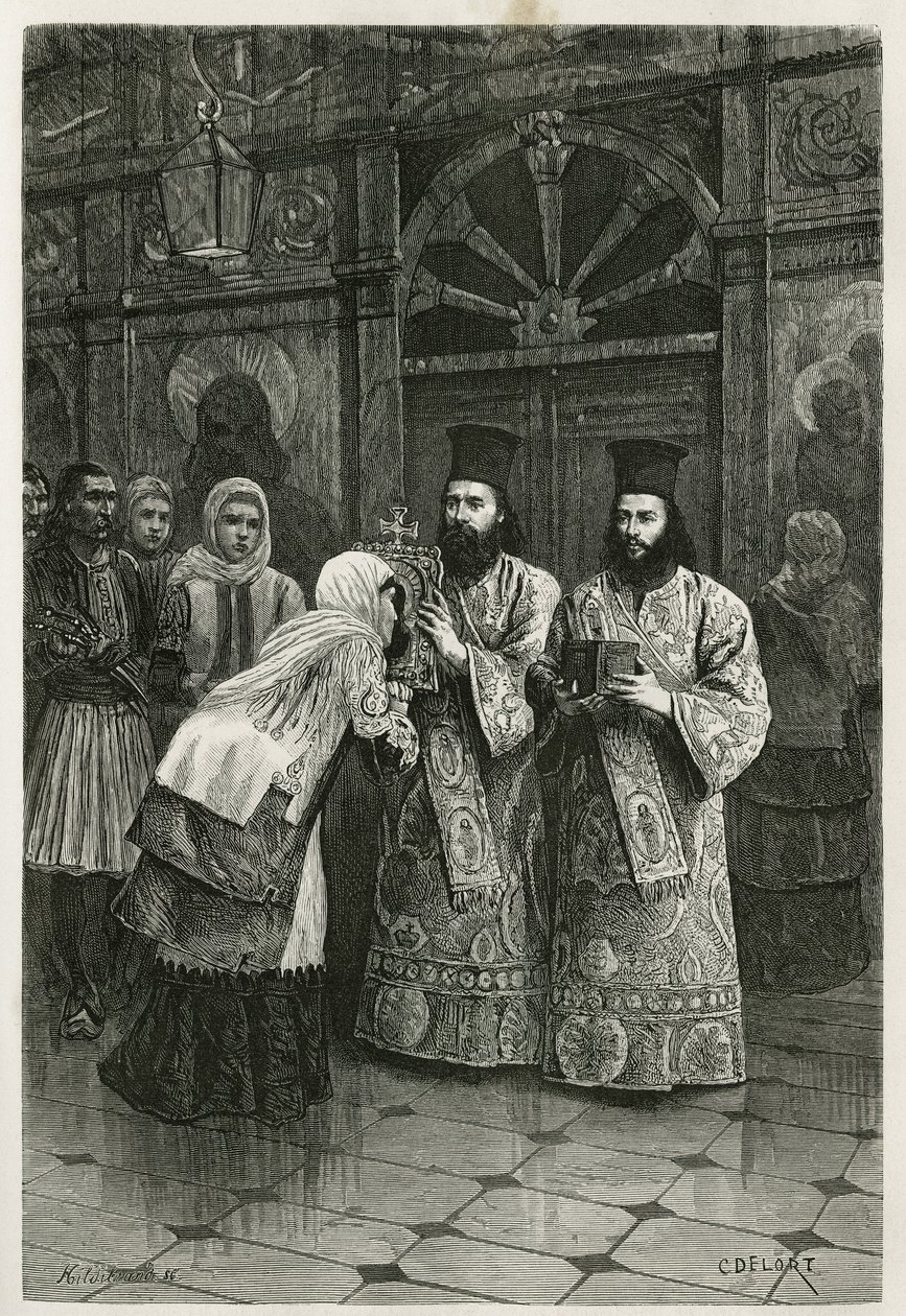 Pritres líbající svaté obrázky, rytina Ch. Delort, pro ilustraci plavby Henri Belle do Řecka v letech 1861, 1868 a 1874, publikovaná v tour du monde pod vedením Edouarda Chartona od Charles Edouard Delort