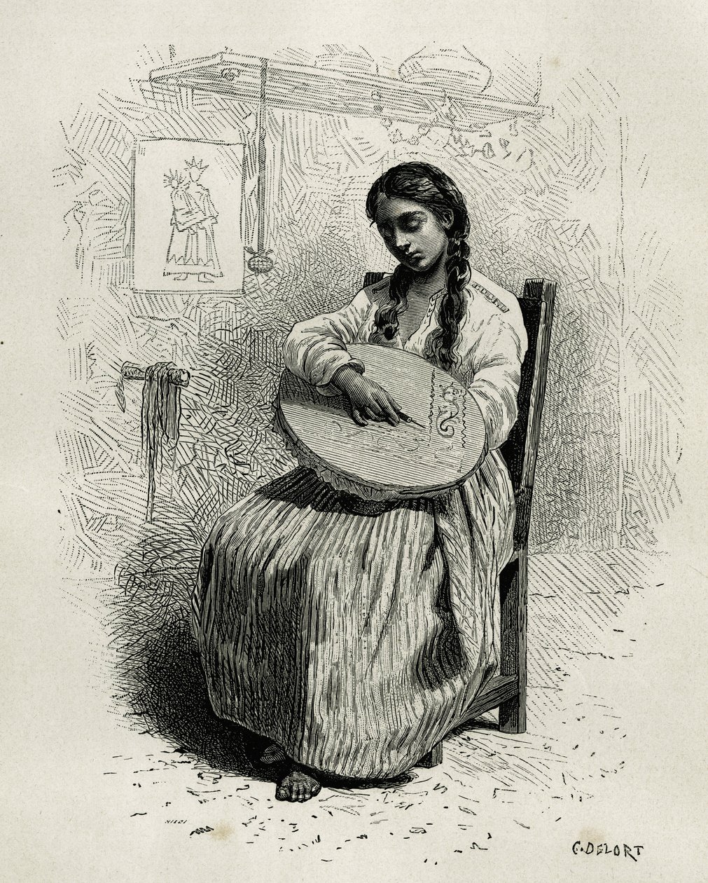 Vyšívač, v Salentu, oblast Quindio (Kolumbie), rytina Ch. Delort, pro ilustraci příběhu America Equinoxiale od E. Andreho, pověření francouzskou vládou, zveřejněno v tour du monde, pod vedením Edouarda Charto od Charles Edouard Delort