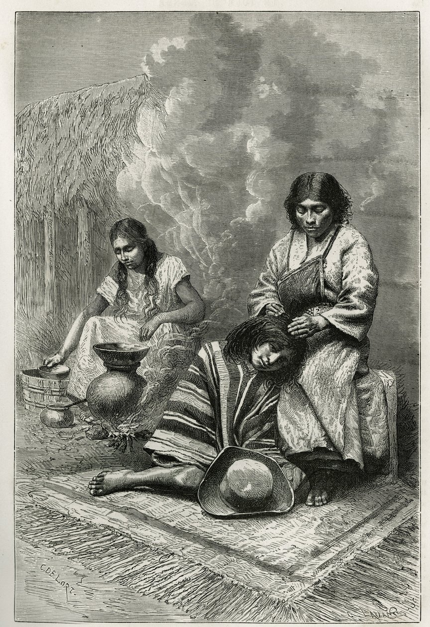 Zkažení dítěte jeho matkou a výroba třtinové eau de vie (rum), poblíž Cali (Cauca Valley, Kolumbie), rytina Ch.Delort, pro ilustraci příběhu Equinoxiale America od E.Andreho, úkol mise od francouzská vláda, zveřejněno od Charles Edouard Delort