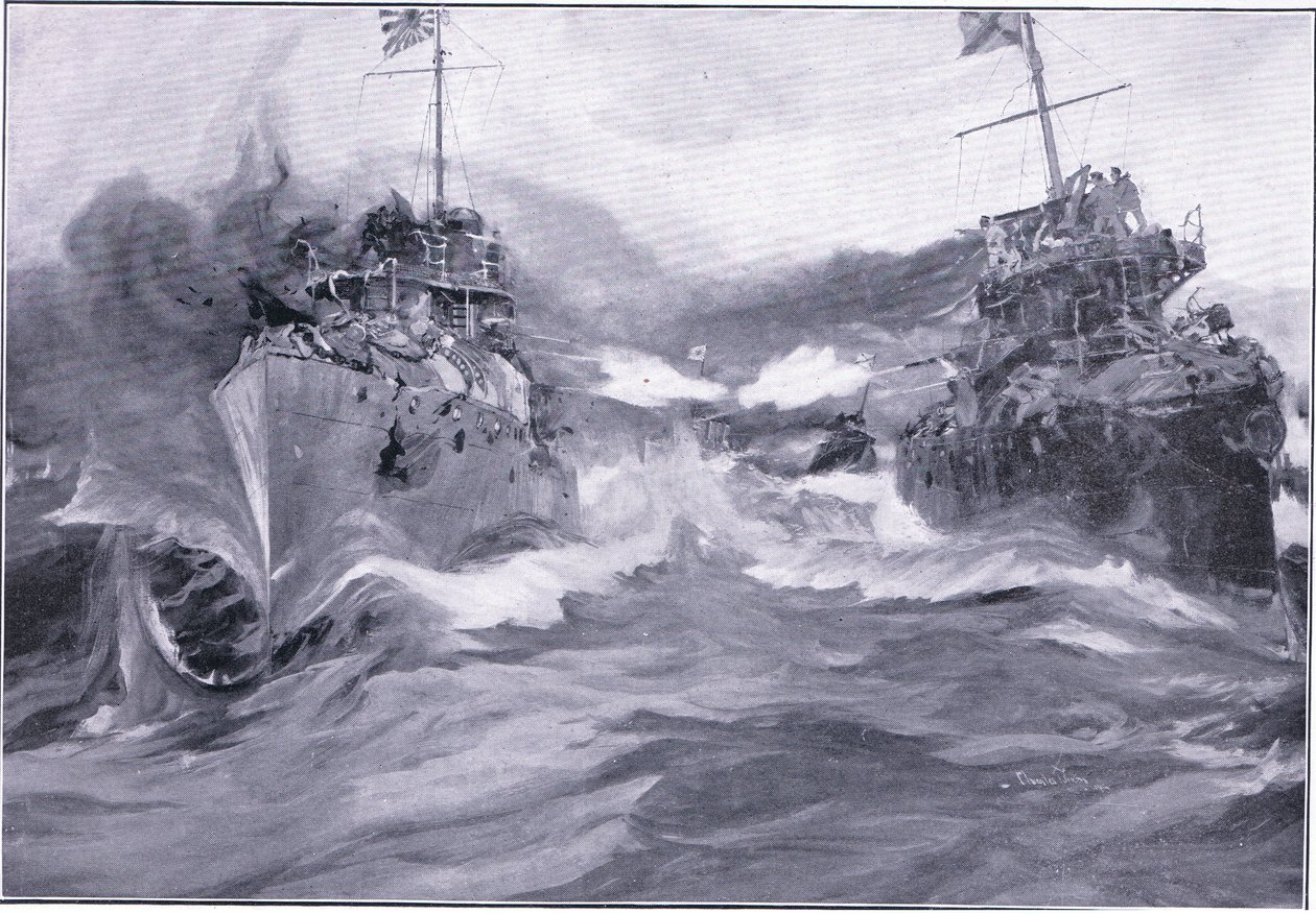 Boj mezi torpédoborci, ilustrace z Cassells Historie rusko-japonské války Vol 1, kolem roku 1900 od Charles Edward Dixon