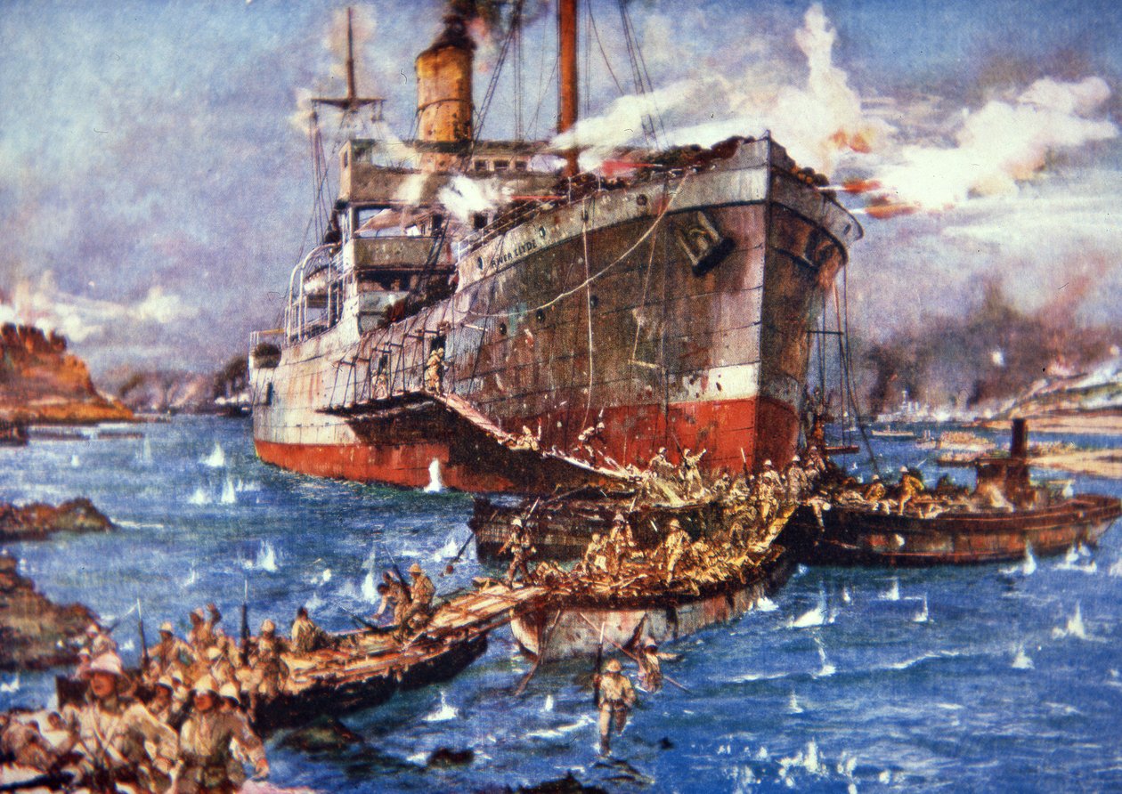 Britští vojáci z řeky Clyde se vyloďují na pláži V, Gallipoli, 25. dubna 1915 (barevně lito) od Charles Edward Dixon