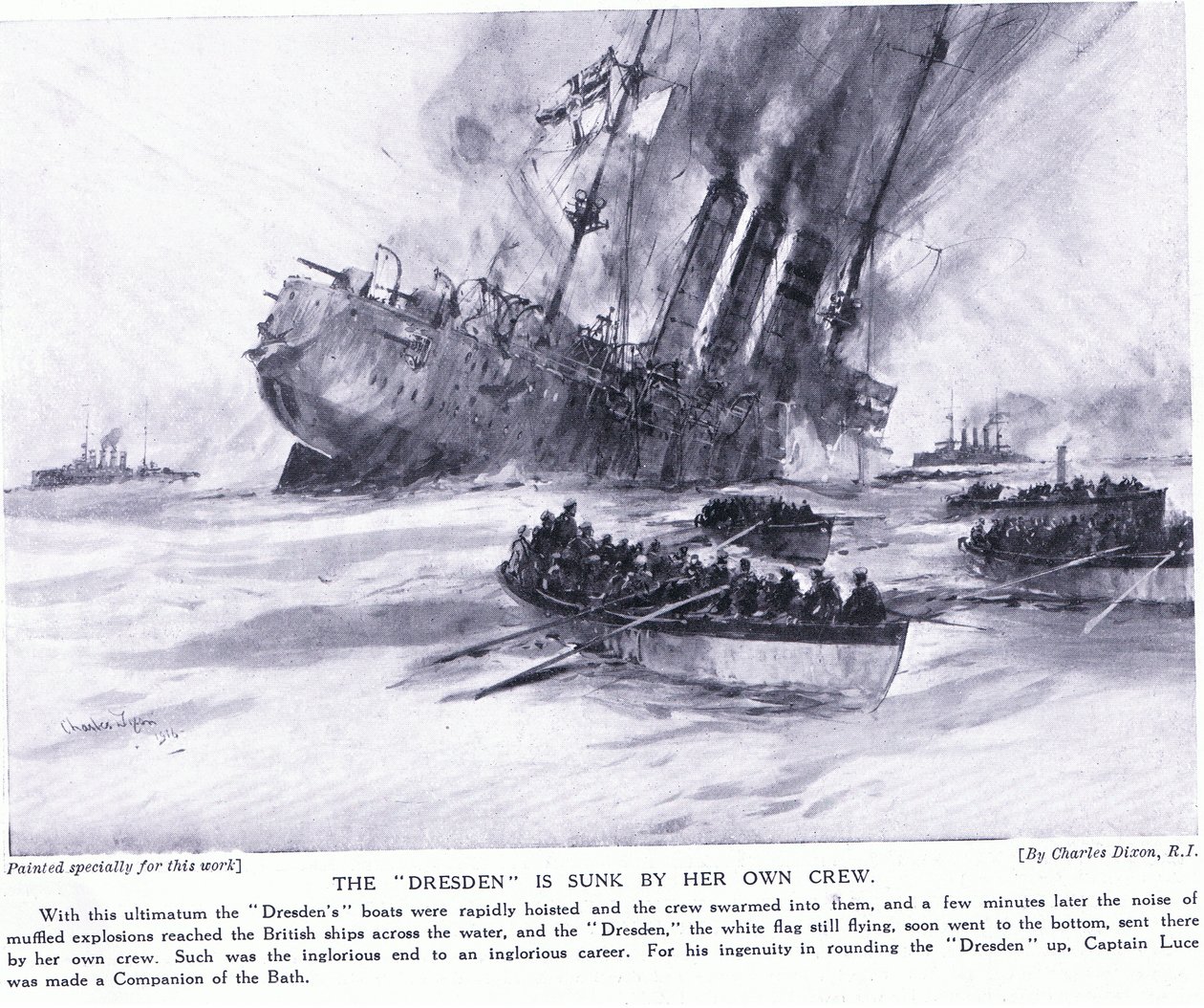 Drážďany potopila její vlastní posádka v březnu 1915 od Charles Edward Dixon