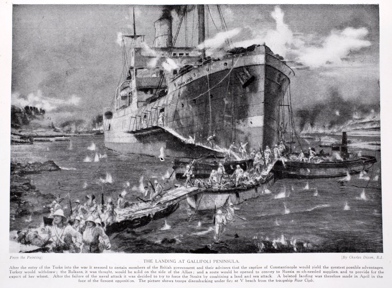 Vylodění na poloostrově Gallipoli, ilustrace z „Hutchinsonova příběhu britského národa“, kolem roku 1920 od Charles Edward Dixon
