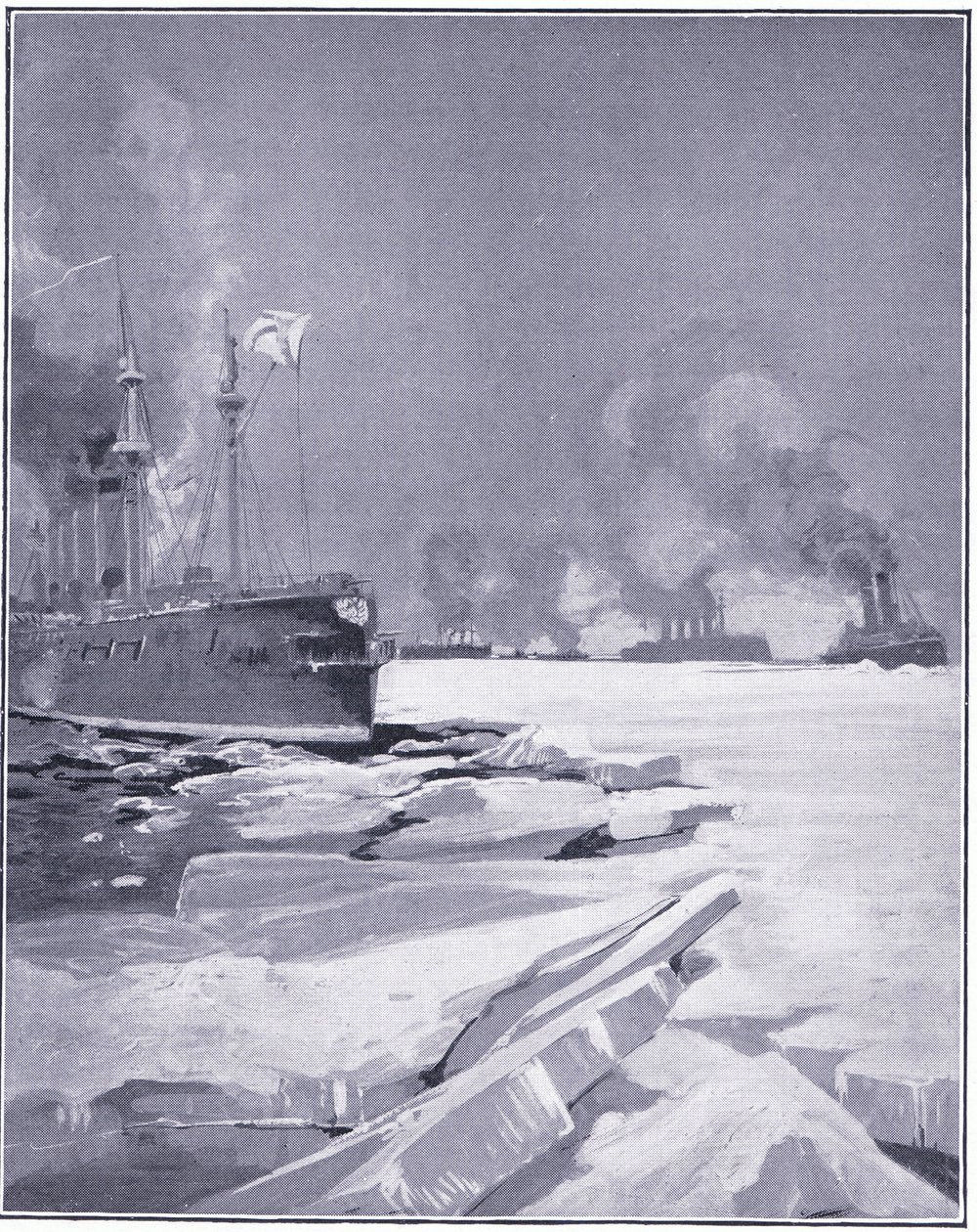 Vladivostocká eskadra se prodírá ledem z přístavu Vladivostok, ilustrace z knihy Cassells History of the Russo-Japanese War Vol. 1, cca 1900. od Charles Edward Dixon