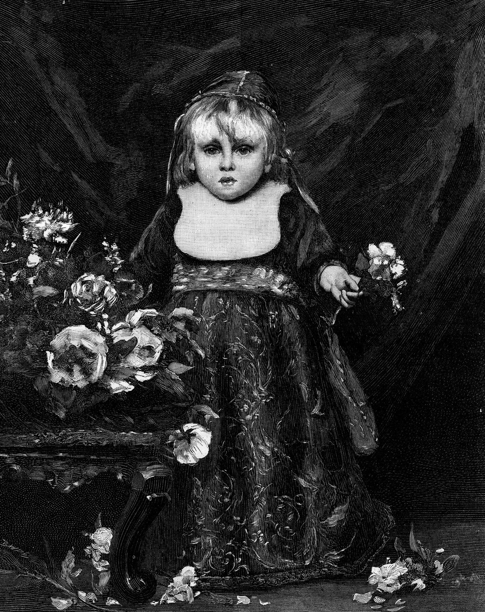 Budoucí dóže (16. století benátské dítě) (19. století). Rytina podle obrazu Emile Auguste Carolus Duran (Charles Duran nebo Carolus-Duran) (1837-1917). V „The Illustrous World““ č. 1261 z 28. května 1881. od Charles Emile Auguste Carolus Duran