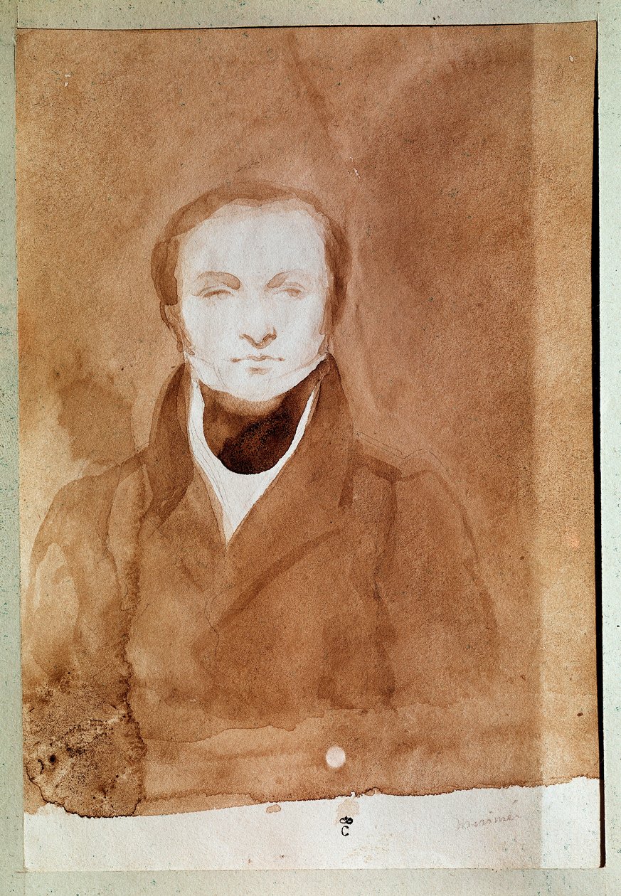 Portrét Prospera Merimeeho (1803-1870), francouzského spisovatele. Kresba Charles Emile Callande de Champmartin, cca 1840-1850. Vodové barvy. Hrad Compiegne od Charles Emile Callande de Champmartin