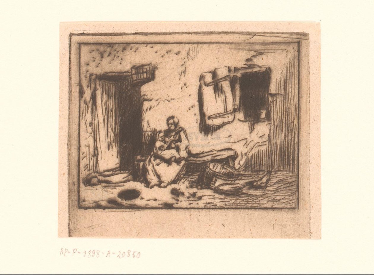 Žena s dítětem na lavičce proti fasádě od Charles Emile Jacque (attributed to)