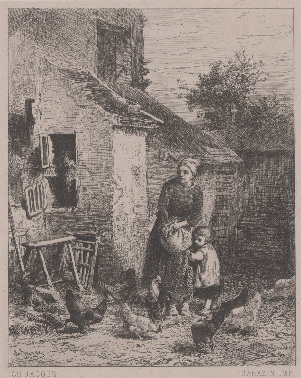 A Corner of the Court, neboli Un Coin de Cour (lept, rytina a suchá jehla) od Charles Emile Jacque