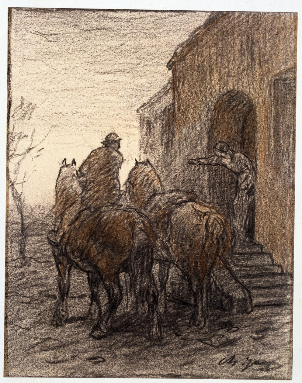 Rolník se dvěma koňmi a ženou ukazující cestu od Charles Emile Jacque
