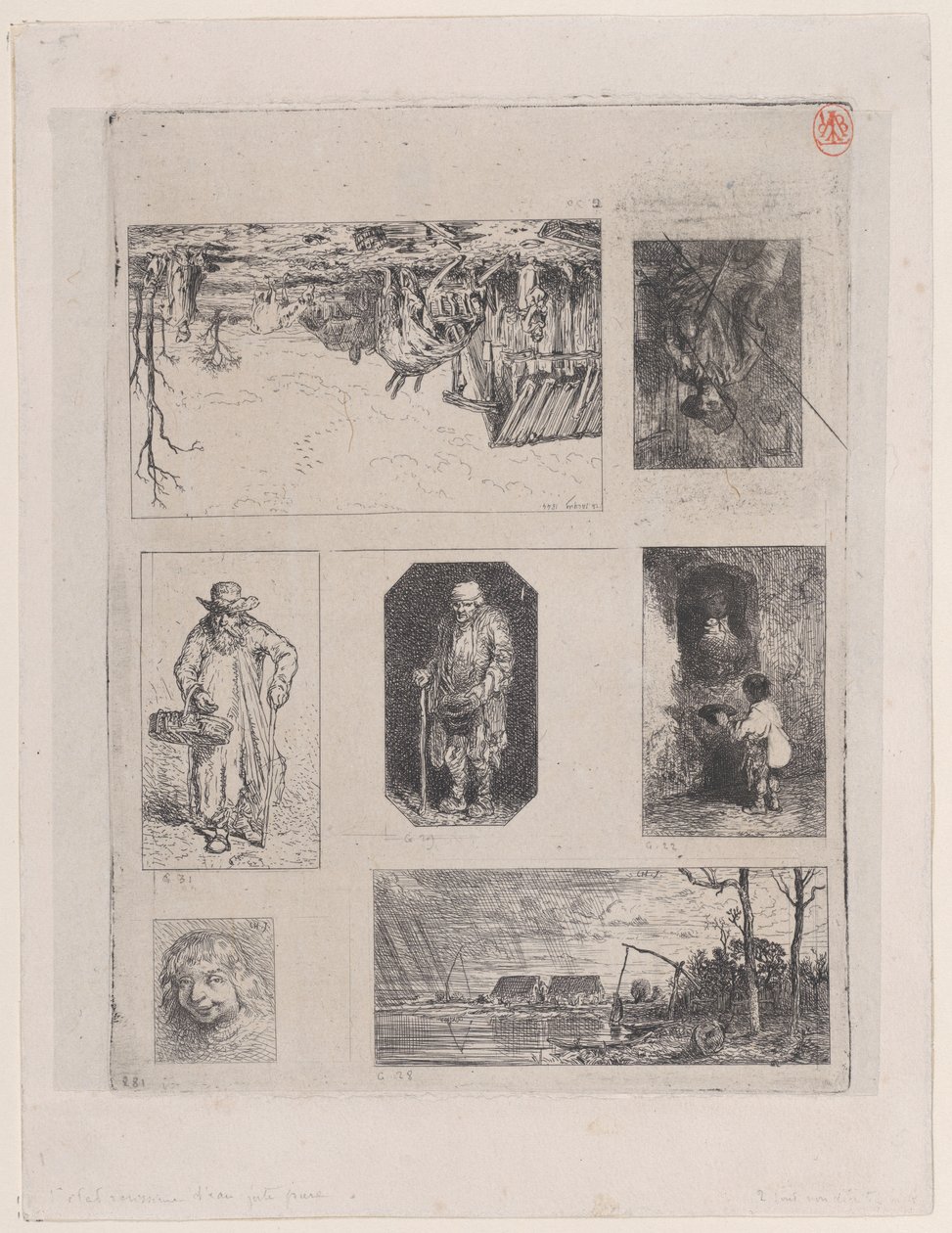 Zemědělská krajina a, Sedící rolník b, Žebrák c, Žebrák d, Malý žebrák e, Hea..., 1844. od Charles Emile Jacque
