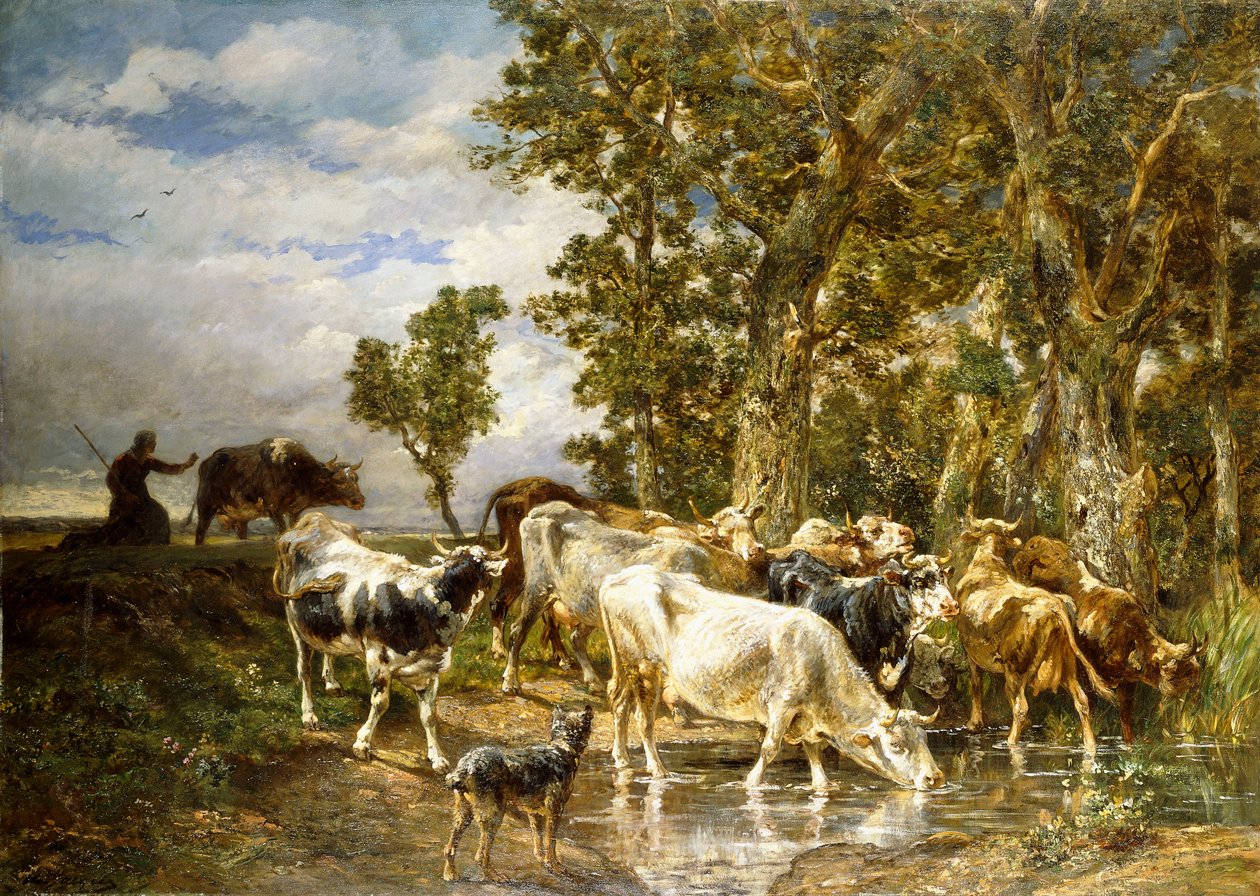 Stádo krav u napáječky, od Charles Emile Jacque