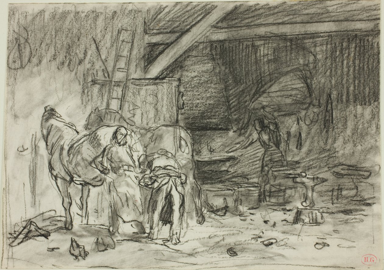 Interiér kovárny (recto); muž v předklonu, pohled ze čtení (verso) od Charles Emile Jacque