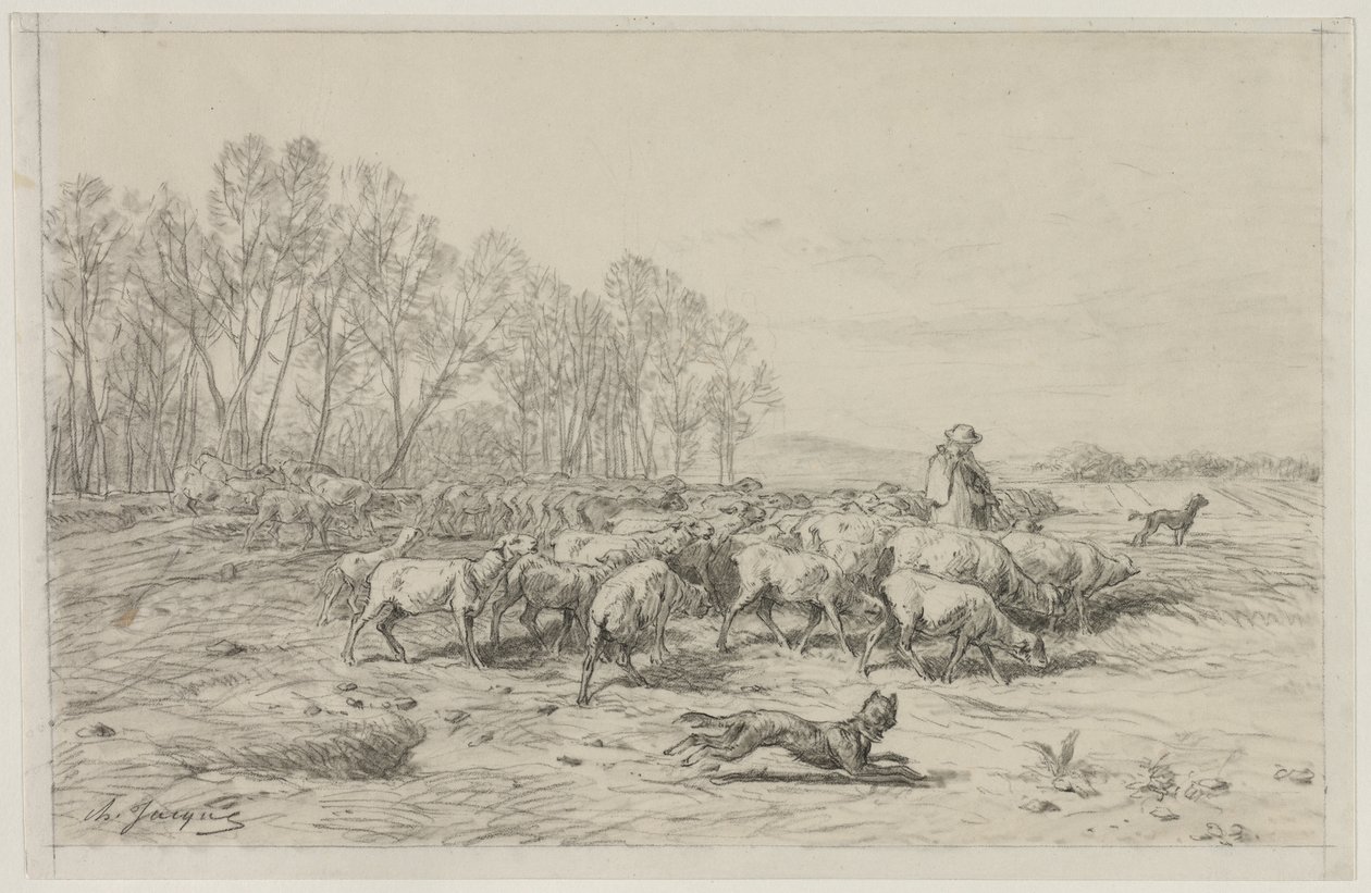 Krajina se stádem ovcí, 19. století. od Charles Emile Jacque