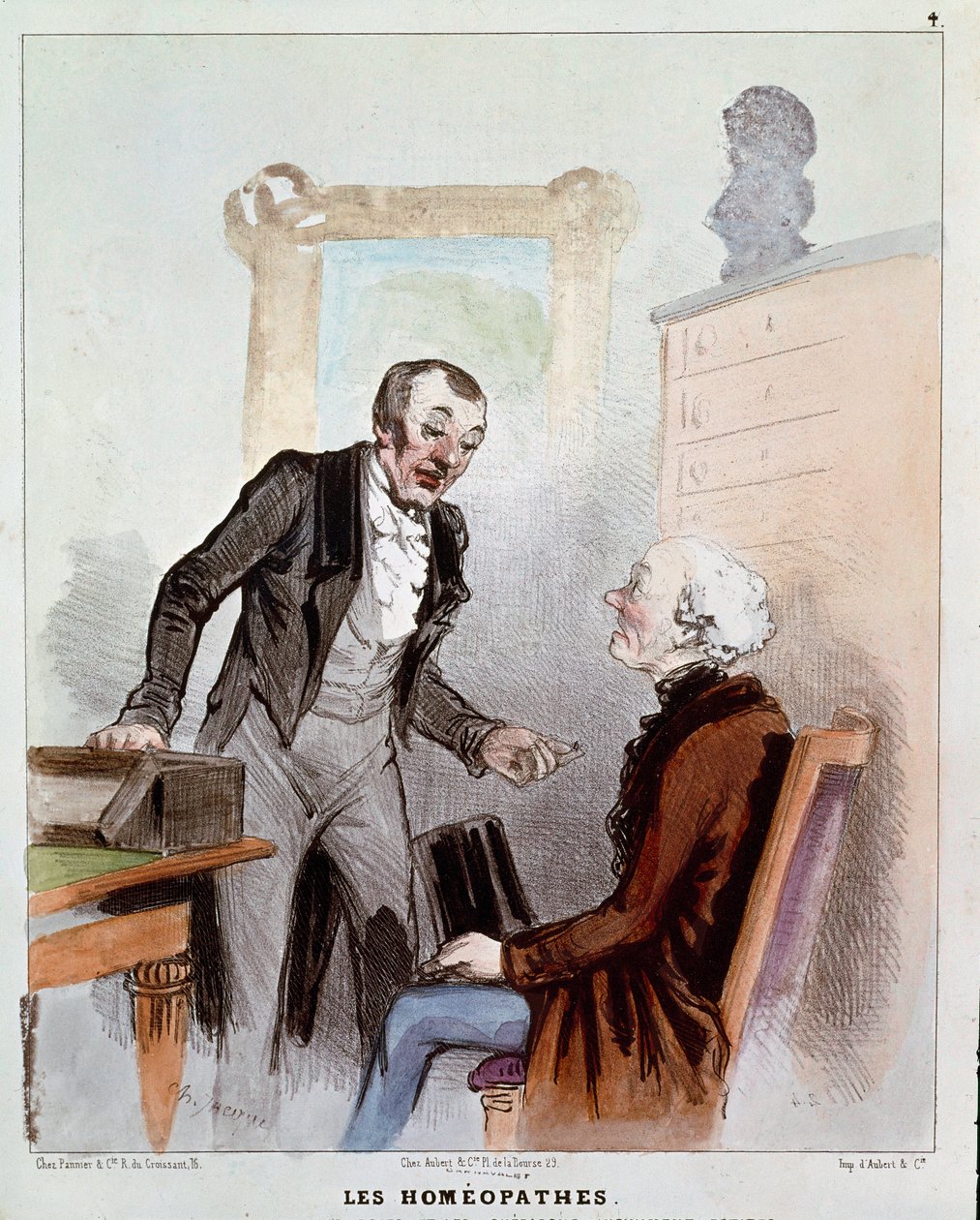 Série „nemocní a lékaři““: homeopaté. Karikatura lékaře předepisujícího homeopatický lék pacientovi. Rytina Charles Jacques od Charles Emile Jacque