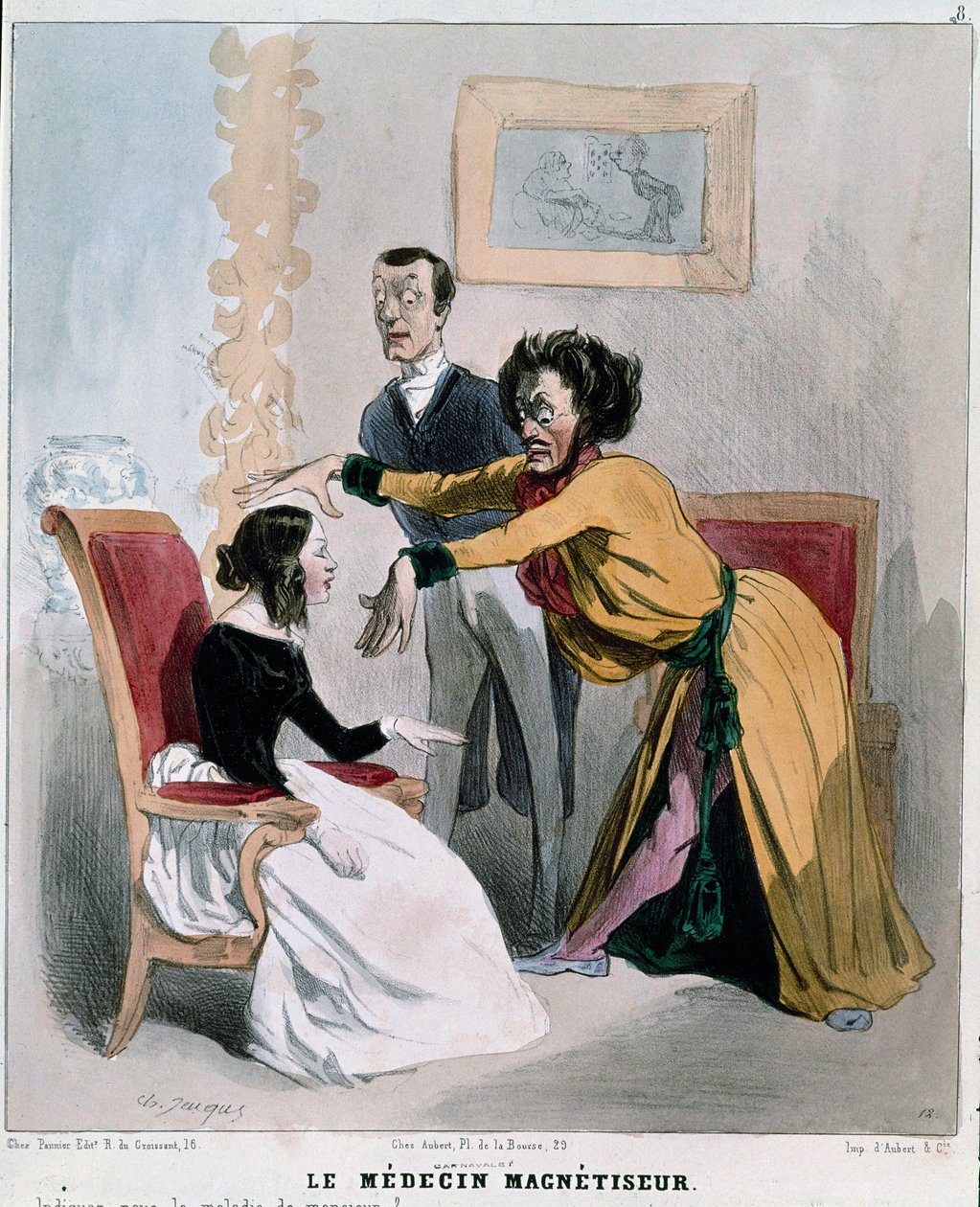 Série „“ nemocní a lékaři““: magnetistický lékař. Karikatura hypnotizéra uprostřed hypnózy o pacientovi. Rytina Charles Jacques od Charles Emile Jacque